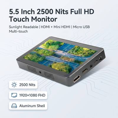 Beli 5.5 inci 2500 Nits Full HD Touch Monitor 1920×1080 HDMI Mini HDMI Micro USB Aluminium Shell Lampu Matahari Membaca Tampilan pembuatan online