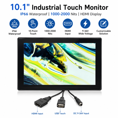 10.1 Inch Industrial Touch Monitor IP66 Waterproof Kecerahan Tinggi 1000-2000 Nits HDMI LCD Display